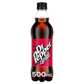 A 500ml Dr Pepper - Zero Sugar bottle, ideal for on-the-go refreshment, features a striking red label with white text and a sleek black cap.